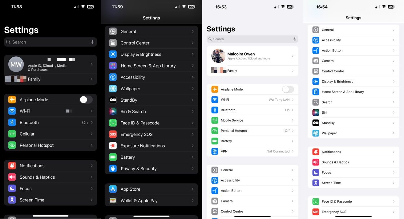 Four iPhone screens showing settings menus with various options like Wi-Fi, Bluetooth, General, Accessibility, and more, in light and dark modes.