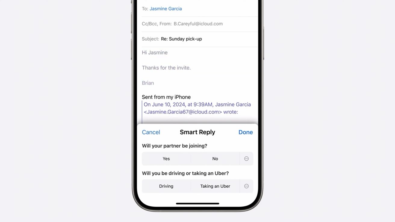 Smart Reply feature on a smartphone email app with options for common responses, including questions about partner joining and transportation choices.