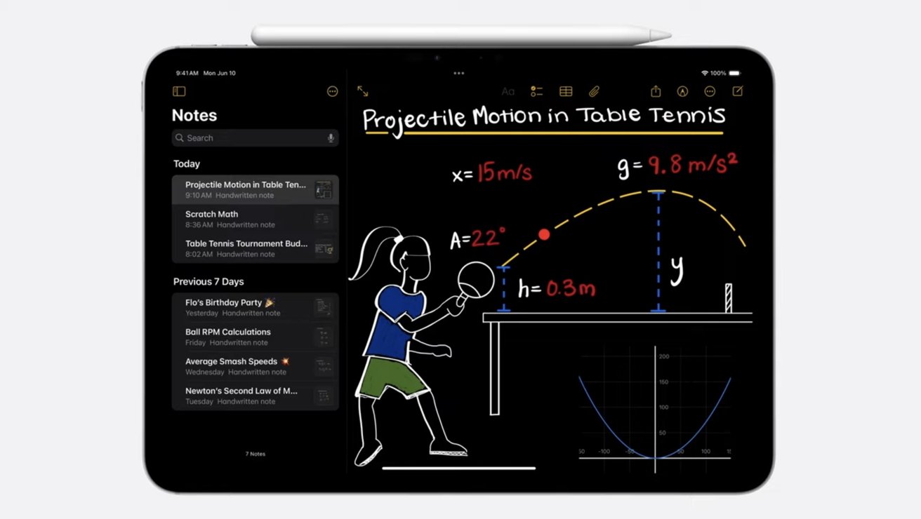 Notes app showing a lesson on projectile motion in table tennis, with a figure playing ping pong and related physics equations and graphs displayed.