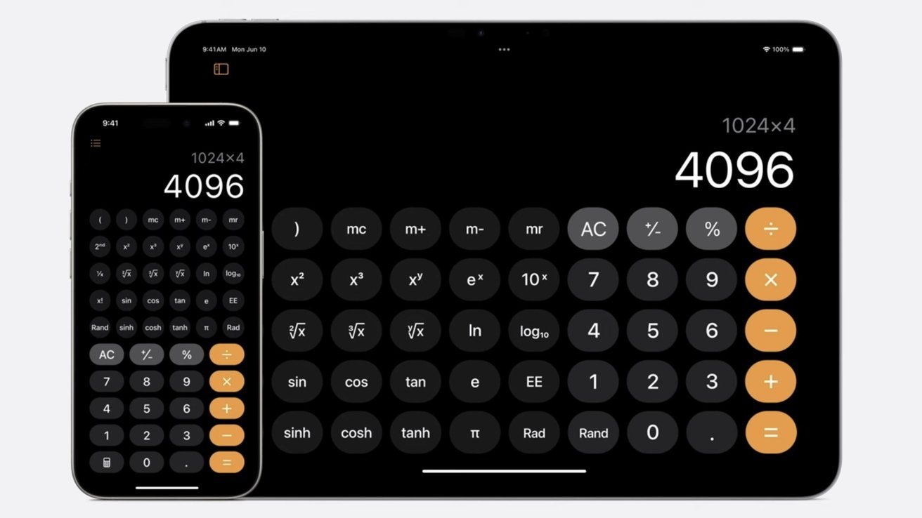 Smartphone and tablet calculator apps displaying 4096 as the result of 1024 times 4, with scientific calculator functions visible.
