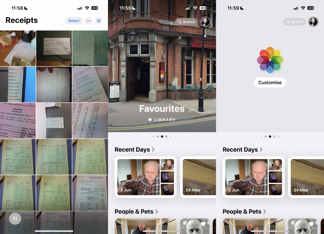 Screenshots of different photo albums including receipts, a building entrance, a rainbow flower-like icon, recent days, and people and pets.