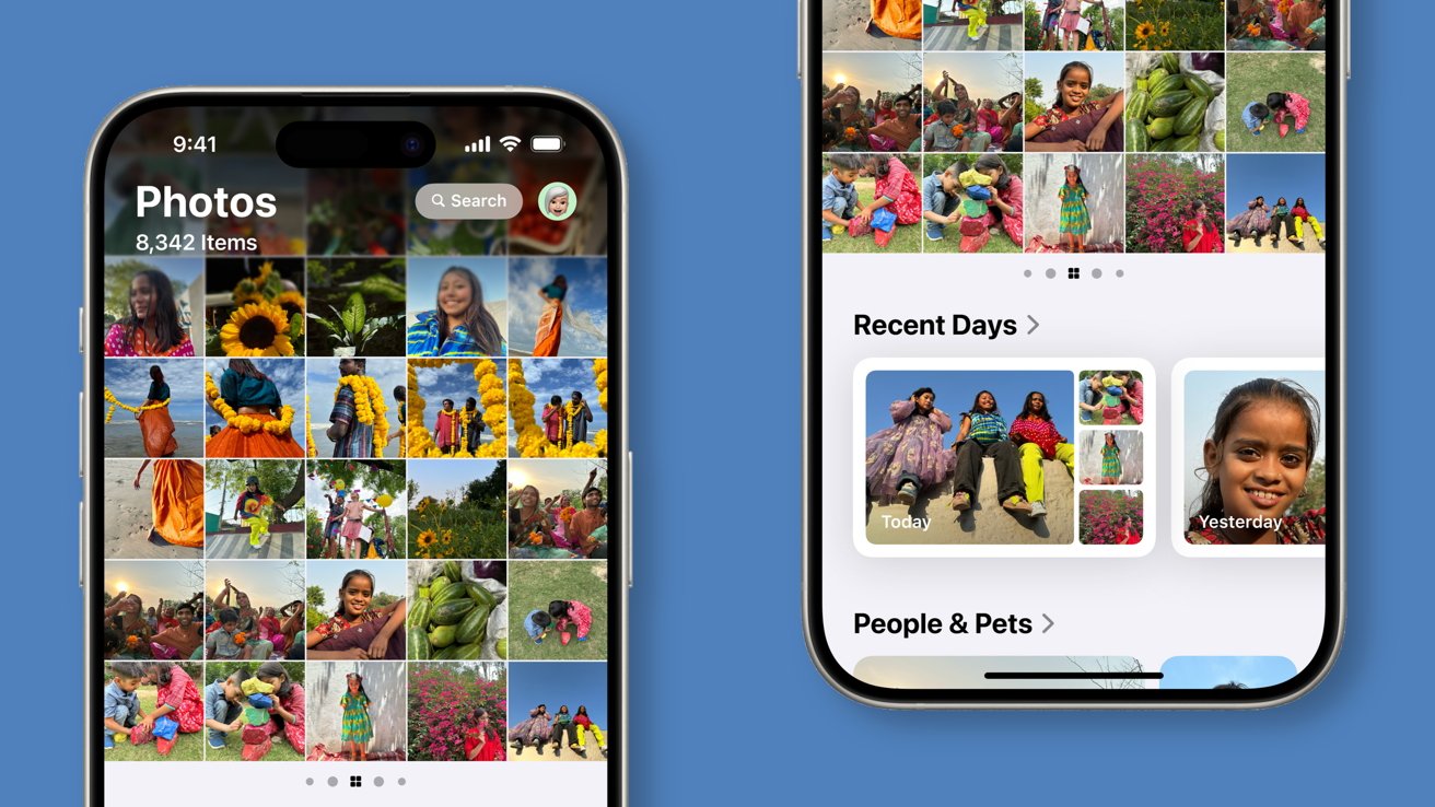 A screenshot of Apple Photos in iOS 18. It is split in halves showing the unified UI.