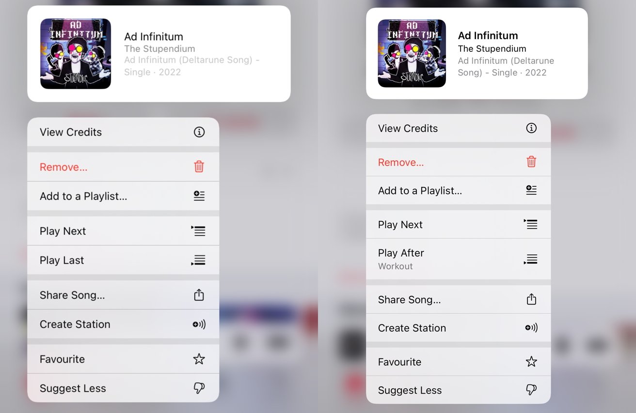 Music app menu showing options for Ad Infinitum by The Stupendium, including View Credits, Remove, Add to Playlist, Play Next, Play Last, Share Song, Create Station, Favorite, Suggest Less.