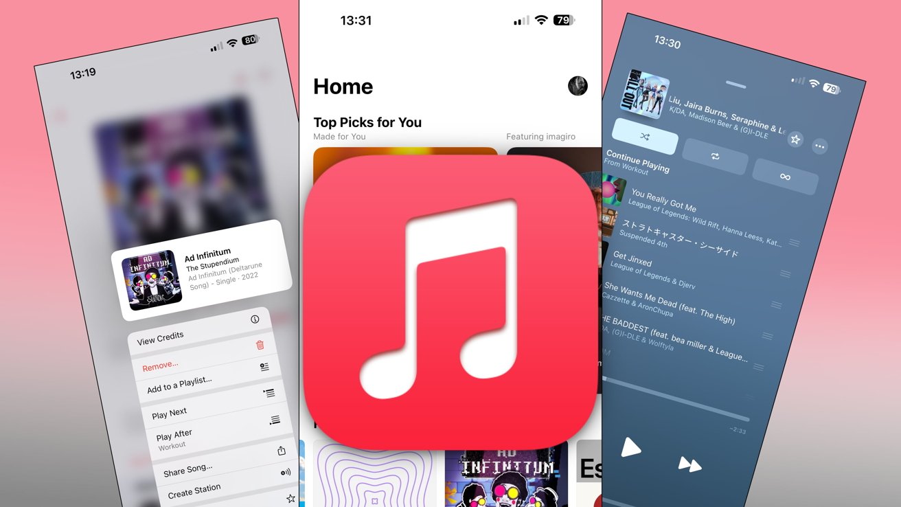 Screenshots from a music app, with song listings, top picks, and now playing screen. A large, pink icon with a white musical note is centered.