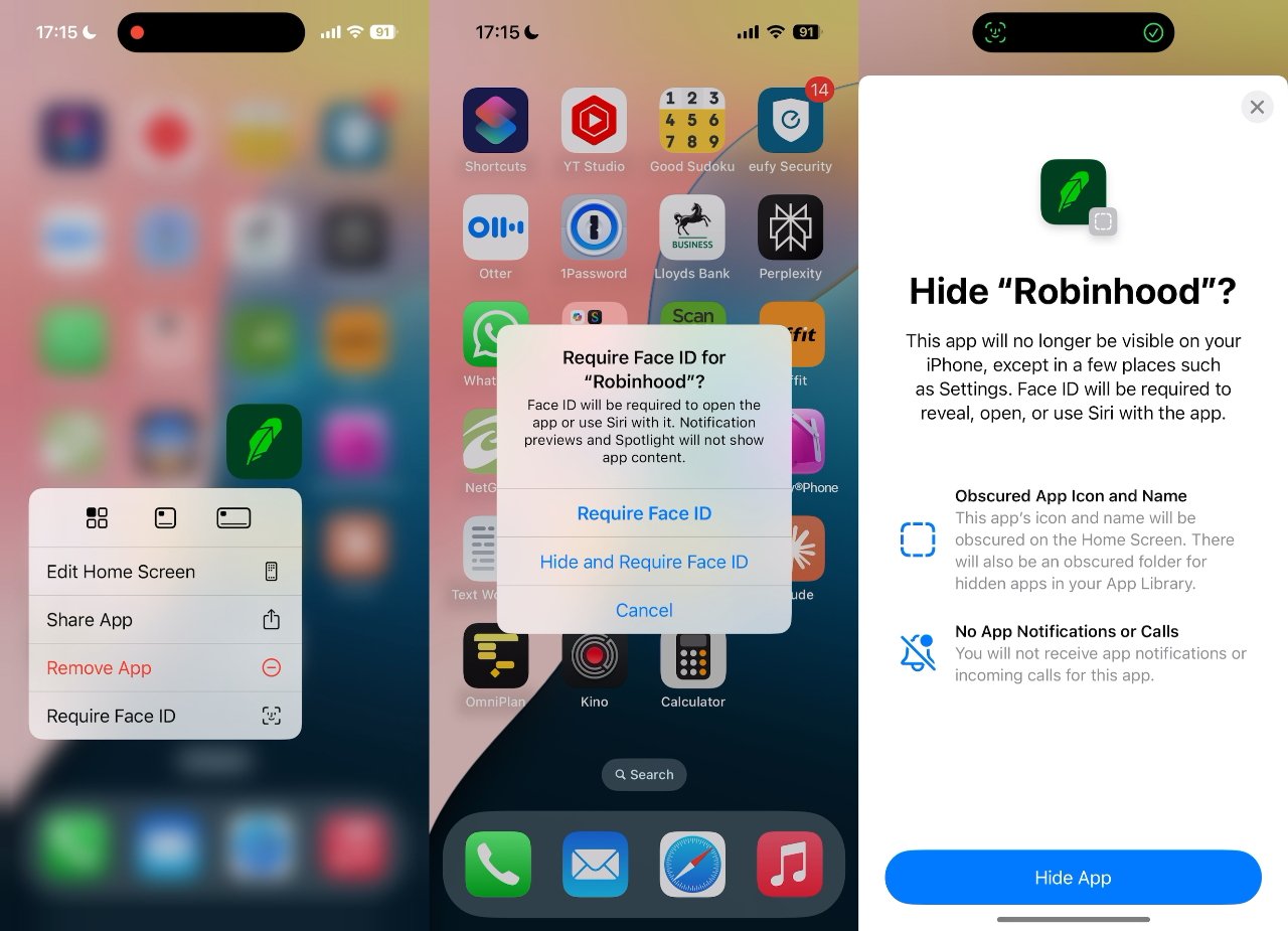 Options to require Face ID for an app called Robinhood on an iPhone, including hiding the app from the home screen are displayed on screen.