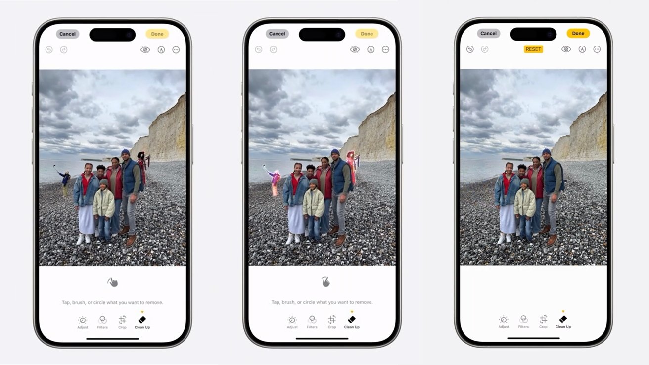 Three smartphones displaying a family standing on a rocky beach with cliffs, while photo editing tools are visible at the bottom.