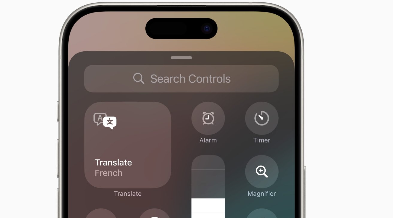 iPhone control center with search bar, translate, alarm, timer, and magnifier options.