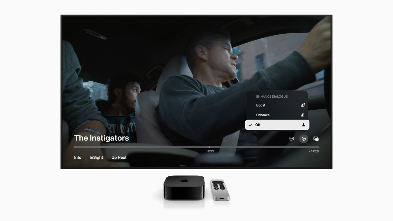 A TV screen shows a scene from 'The Instigators' with dialogue enhancement options. Below are an Apple TV device and remote.