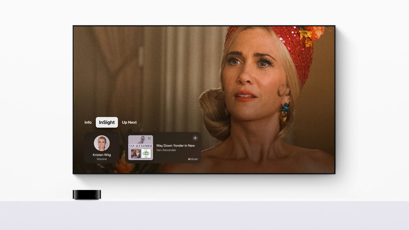 A woman with blonde hair and a red headpiece looks upward; an Apple TV interface displays movie information and music tracks.