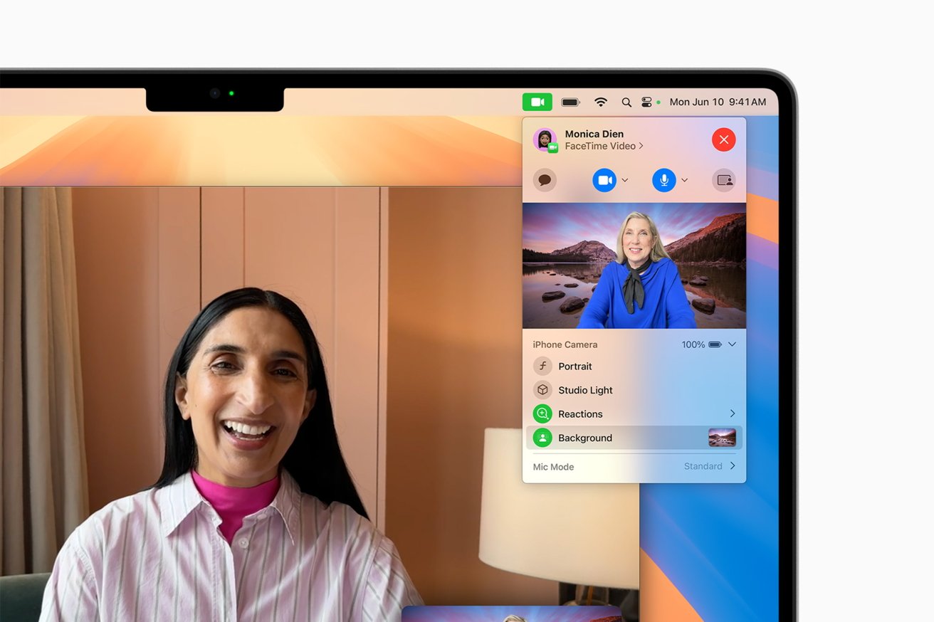 Two women on a FaceTime video call. One is speaking, the other is shown in a smaller window with a landscape background. Integrated controls are displayed.
