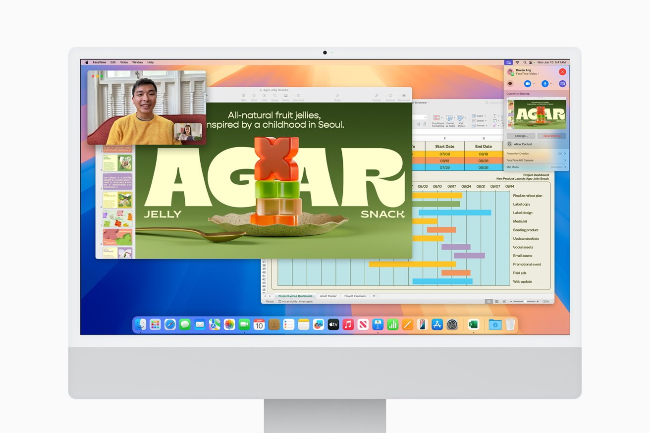 Computer screen displaying a video call, a presentation on agar jelly snacks, and a project timeline with colorful charts and icons at the bottom.