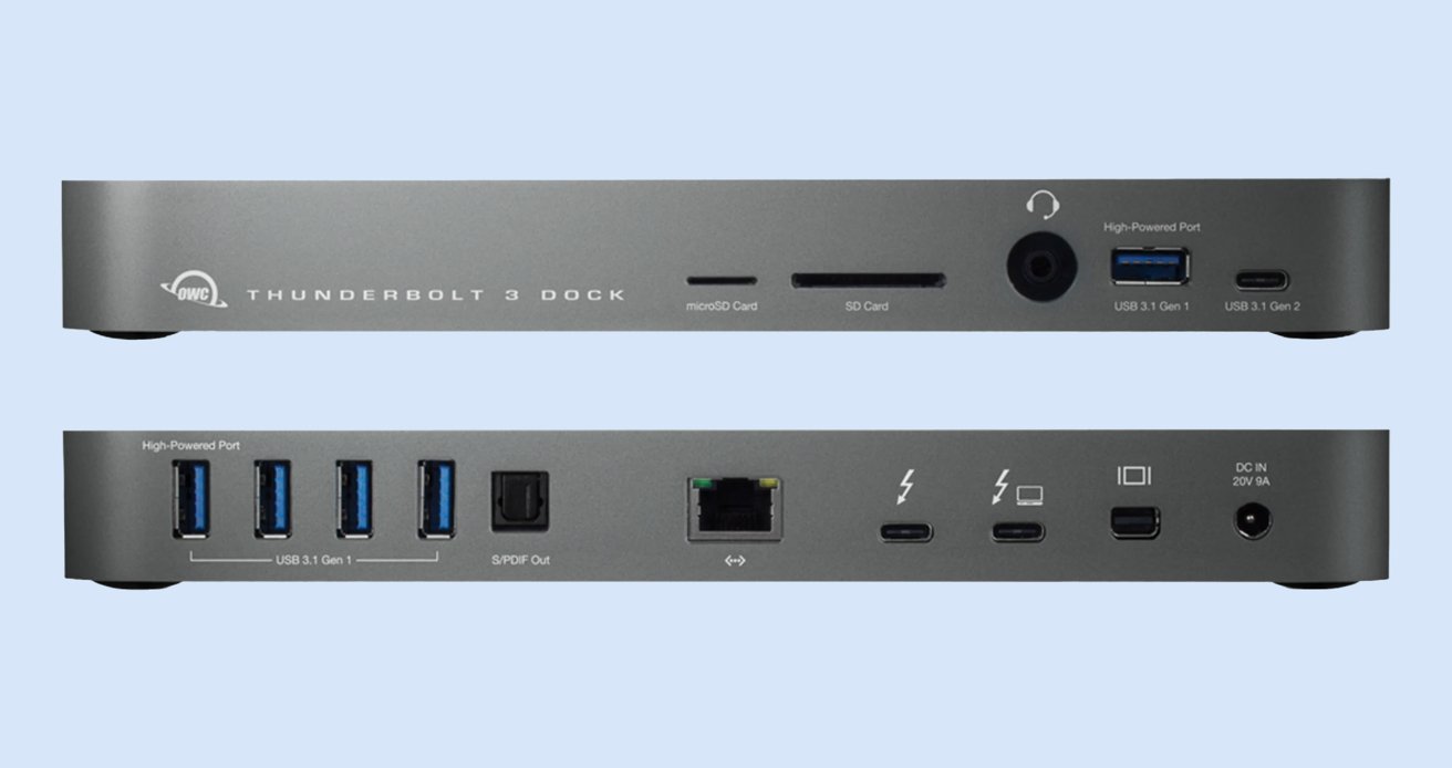 OWC Thunderbolt 3 Dock with various ports including USB, SD card slots, Ethernet, S/PDIF Out, Thunderbolt, audio jack, and power input, displayed front and back views.