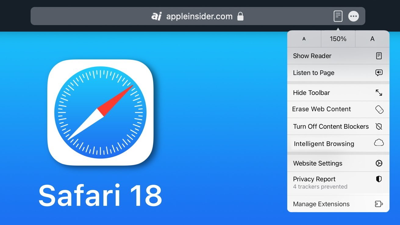 Safari 18 browser logo on blue background with toolbar menu options listed on the right, including Show Reader and Manage Extensions.