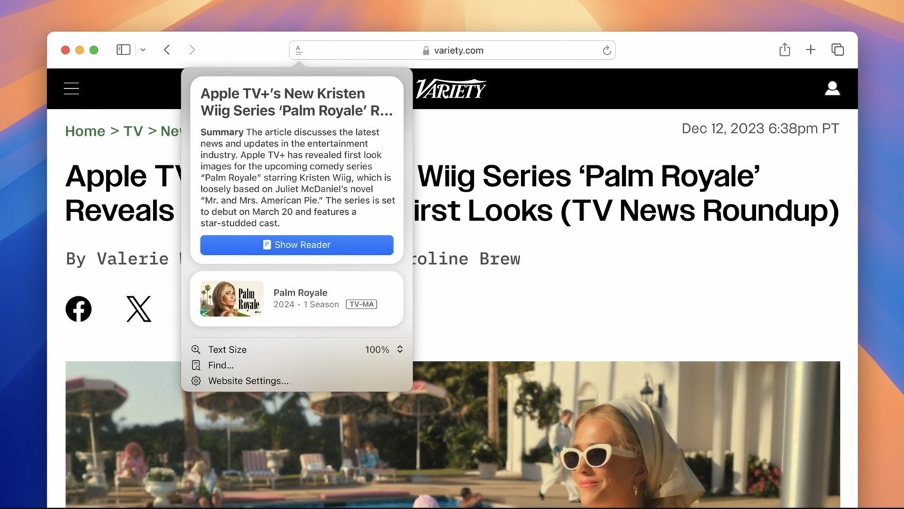 Variety article on Apple TV+ series 'Palm Royale,' starring Kristen Wiig, featuring first looks and debuting March 2024. Shows a woman in sunglasses near a pool.