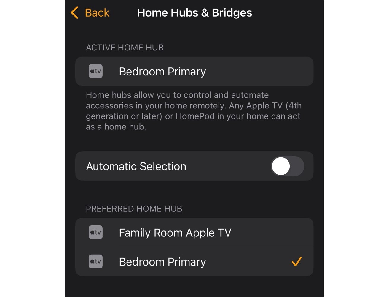 Home Hubs & Bridges screen showing Bedroom Primary as active home hub, with automatic selection toggle off. Preferred hub options: Family Room Apple TV, Bedroom Primary (checked).