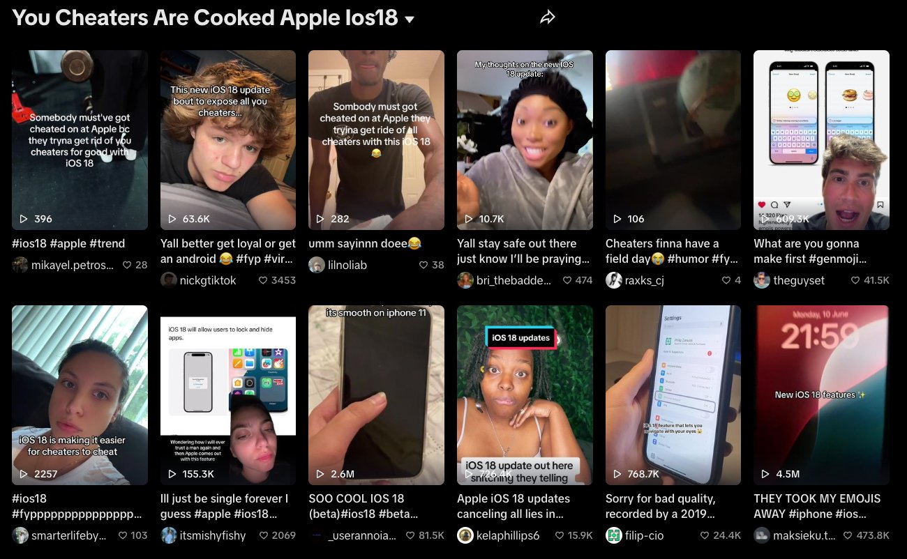 A grid of social media posts discussing the new Apple iOS 18 update, with people sharing their reactions through short videos and text overlays.