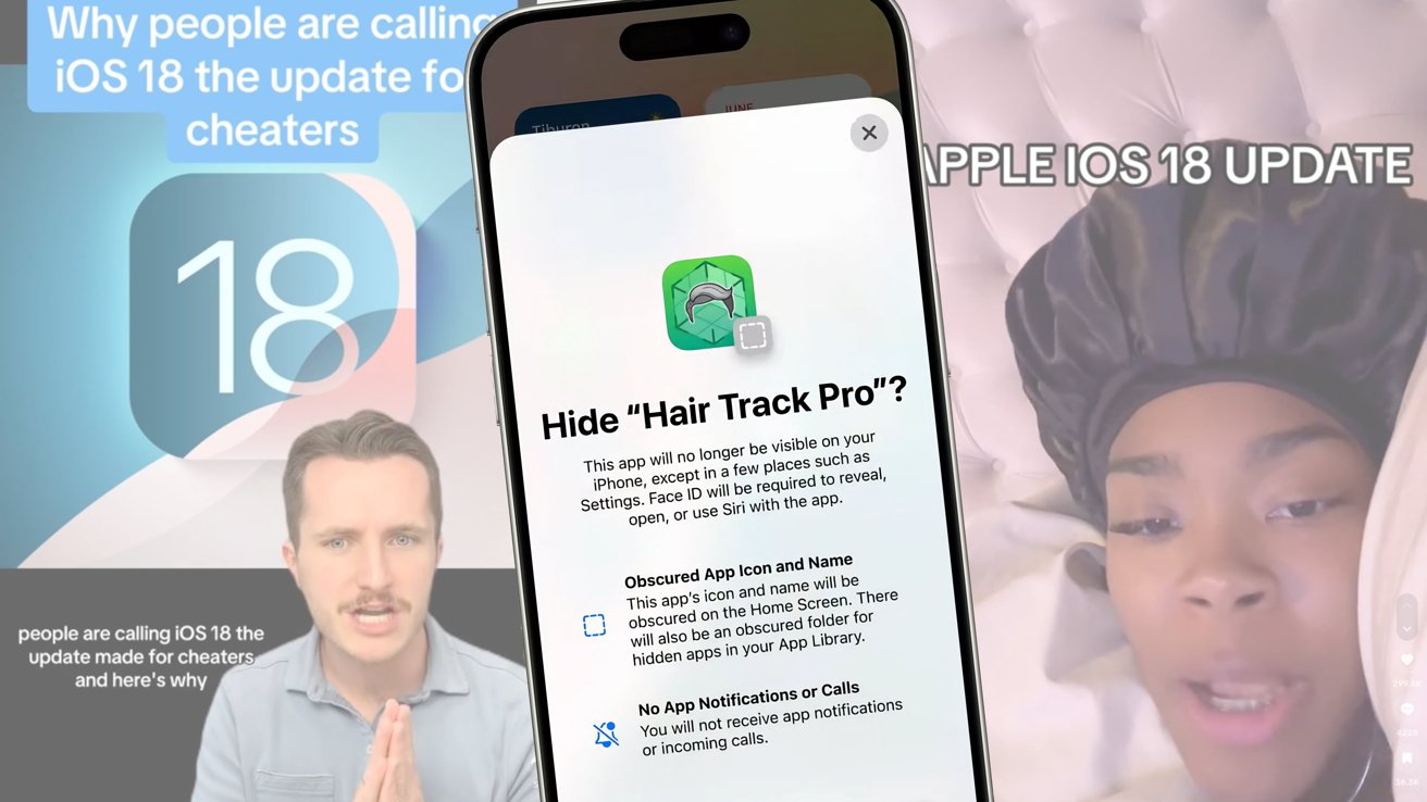 Man with clasped hands and text 'Why people are calling iOS 18 the update for cheaters.' Smartphone screen with 'Hide 'Hair Track Pro'?' and features. Woman wearing bonnet lies in bed.