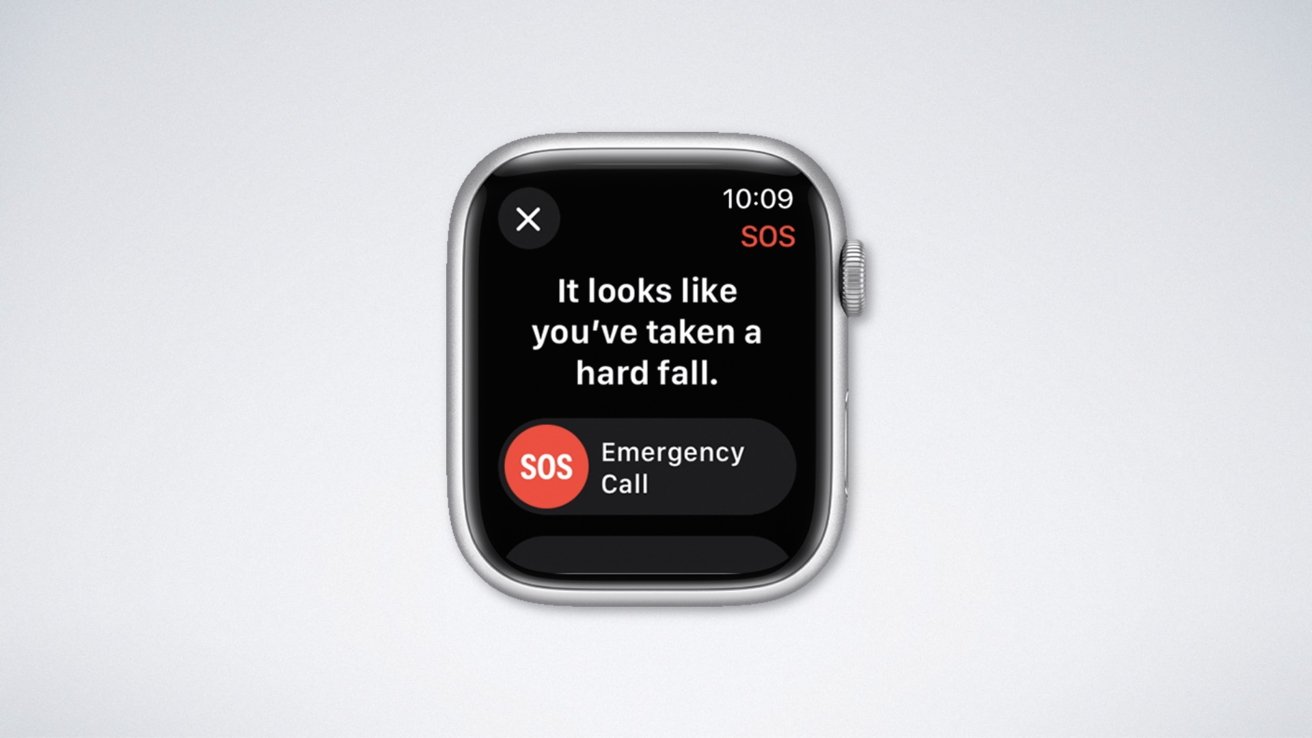 An Apple Watch screen showing a fall detection alert with an option for an emergency call.