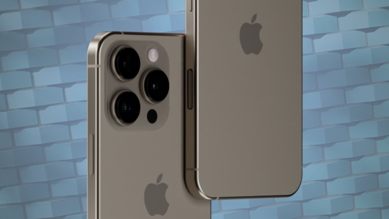 Two smartphones with prominent camera arrays and Apple logos, one showing the back and the other angled to display side buttons, set against a blue, textured background.