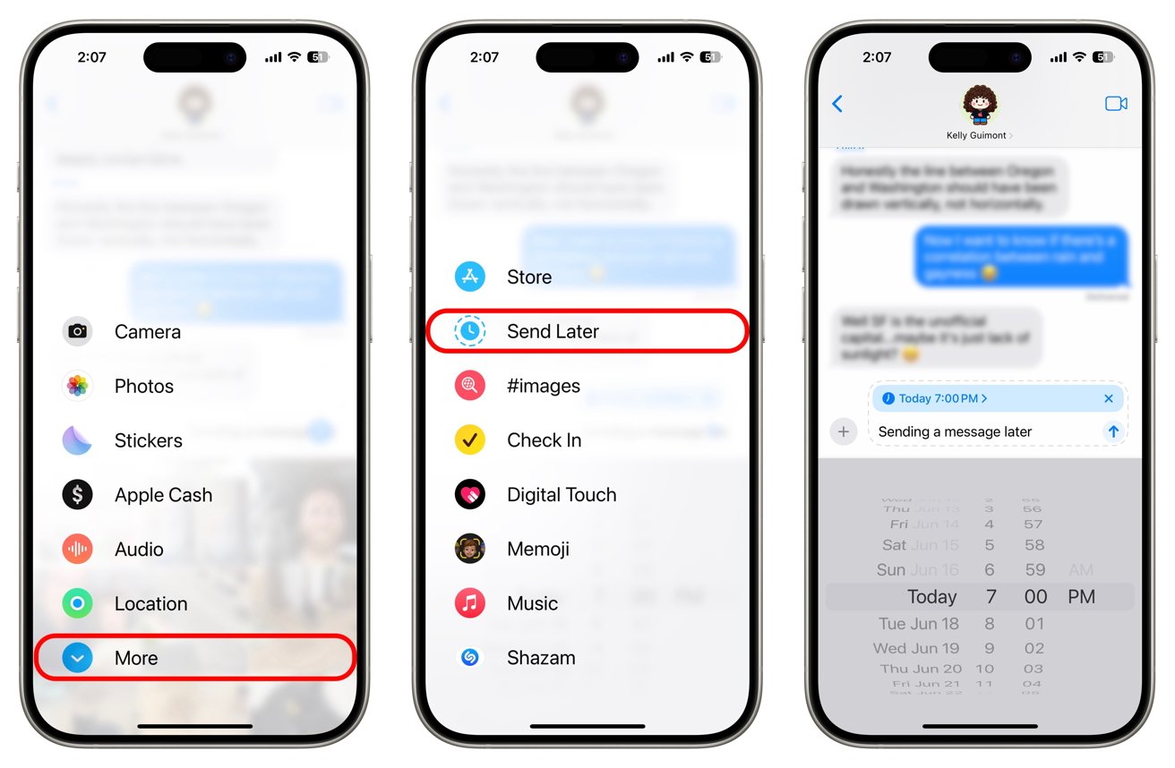 Three smartphone screens showing steps to schedule a message using 'Send Later' option in the messaging app. Time and date selection is visible in the final step.