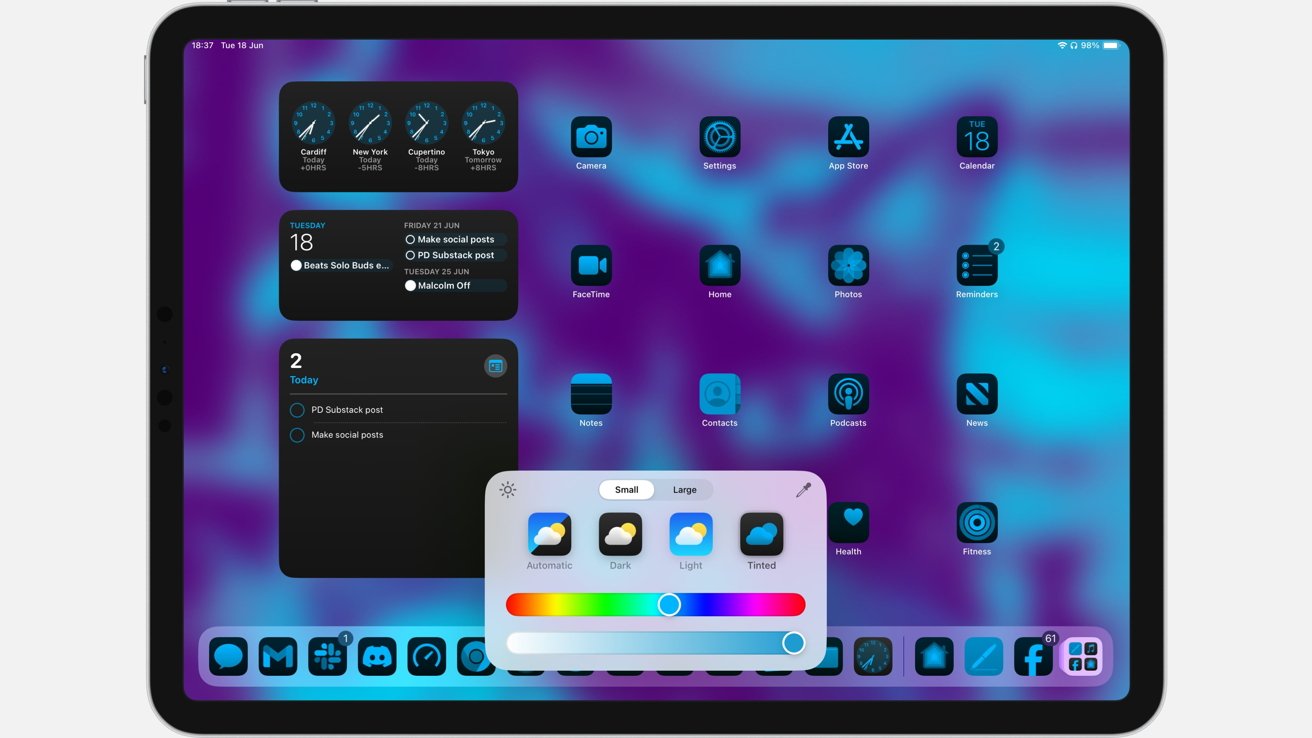 Tablet screen displaying several app icons with a colorful background, multiple widgets, and a visible control panel for adjusting display settings and icon size.