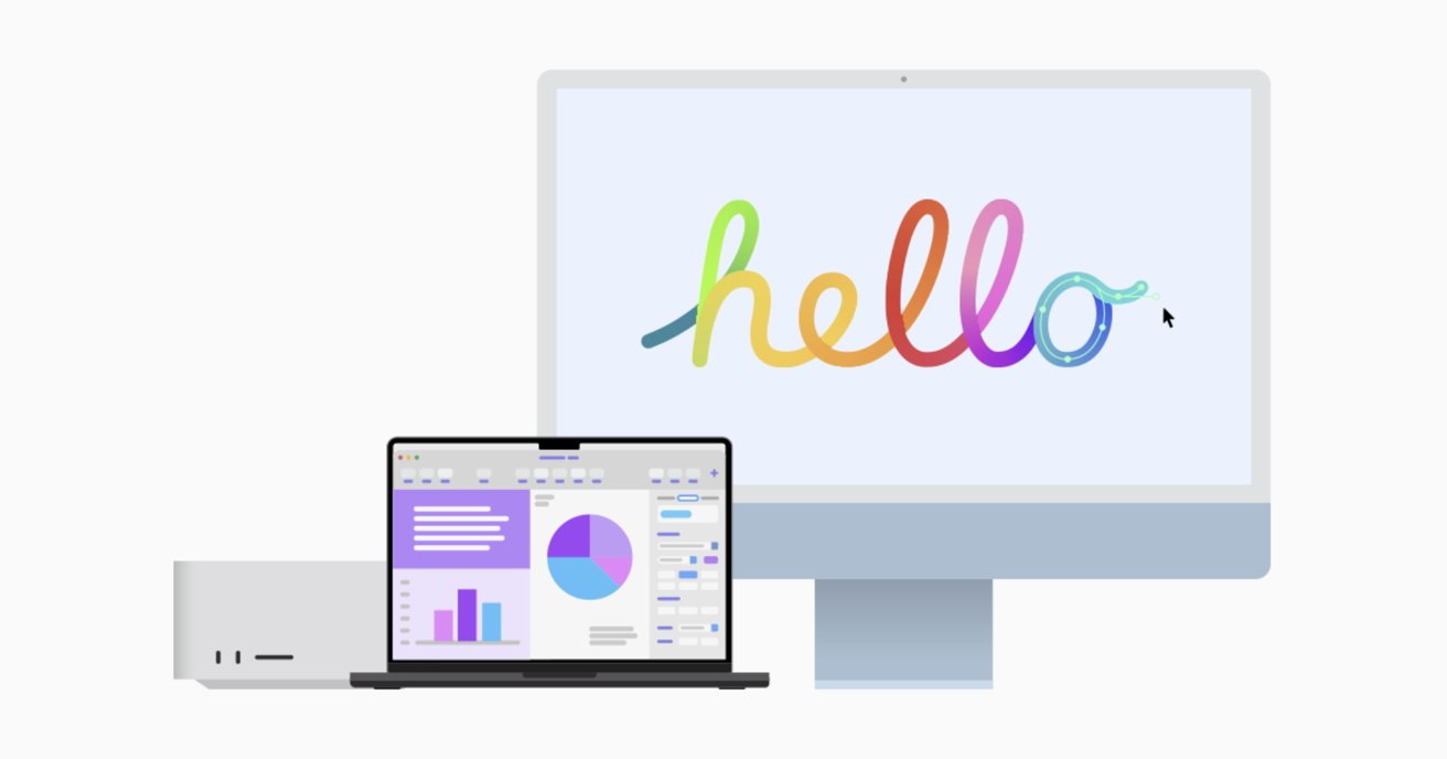 Colorful 'hello' on a large monitor beside a laptop displaying charts and graphs, with a rectangular device next to it.