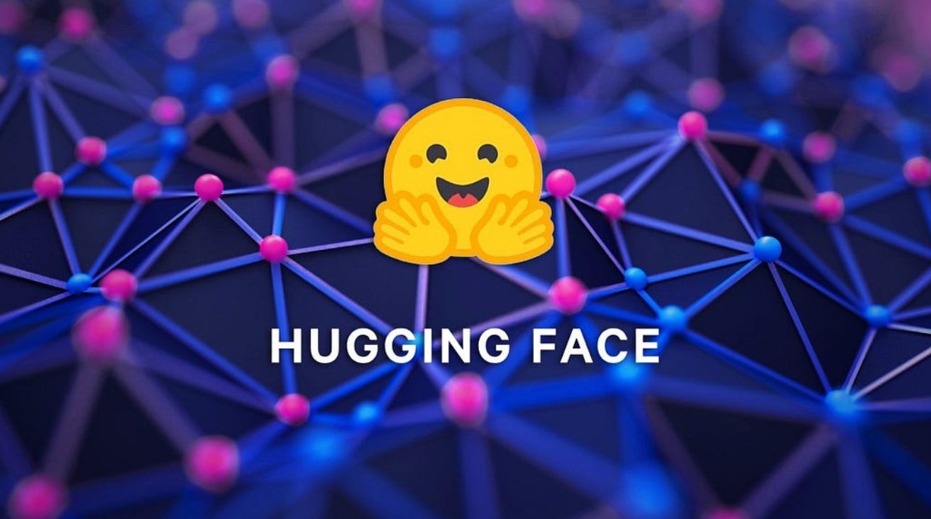 Smiling hugging emoji above the text 'Hugging Face' with a vibrant neural network-inspired background featuring interconnected blue and pink nodes.
