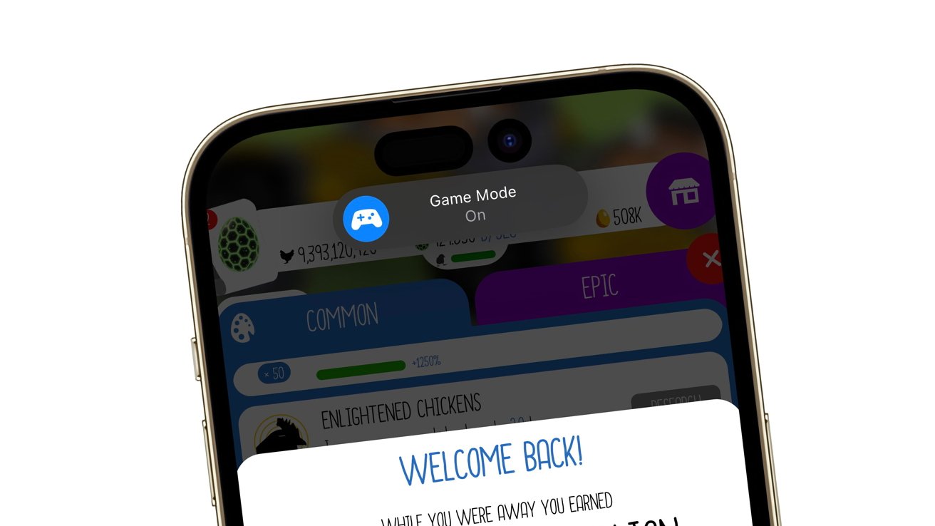 Smartphone screen displaying a game with 'Game Mode On' notification, various menu options, and 'Welcome Back!' message in blue text.