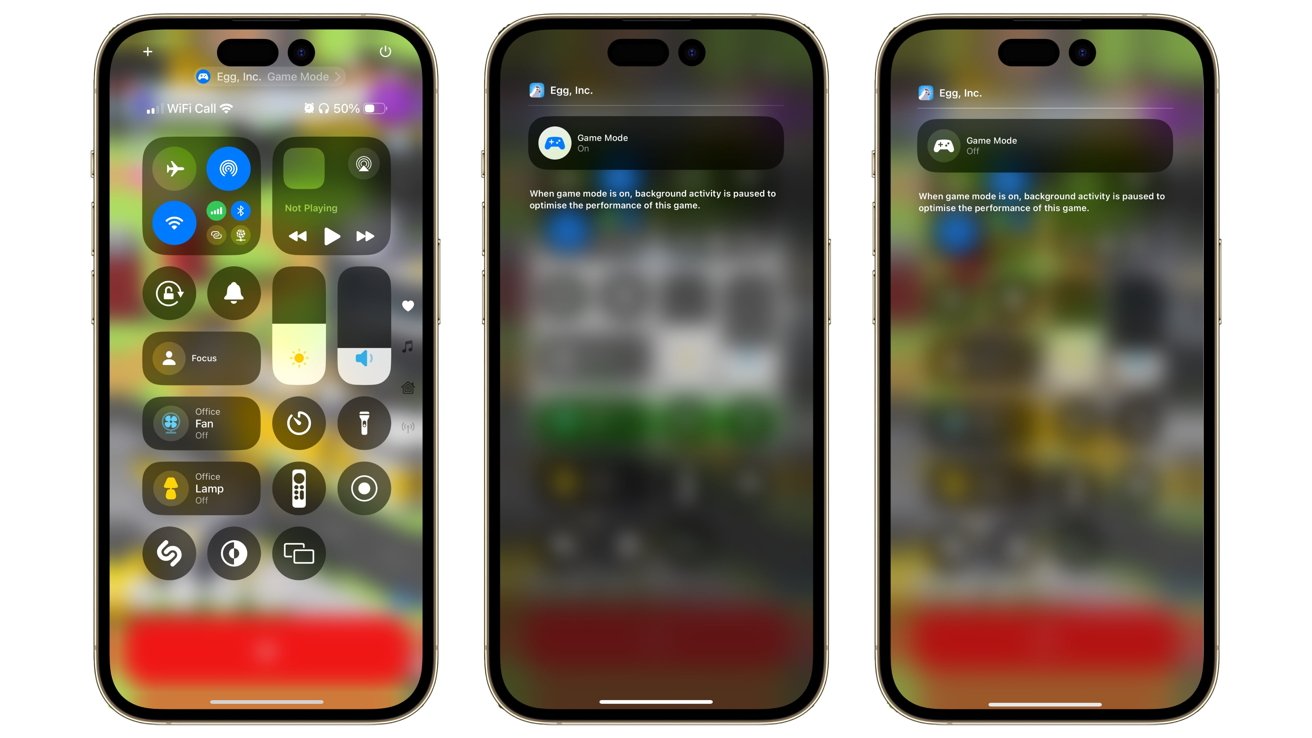 Three smartphone screens showcasing control center with various settings icons and notifications, including game mode on and off options.