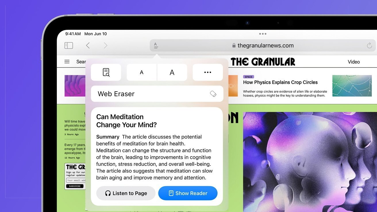 Tablet screen displaying an article about the benefits of meditation, with navigation options, browser tab, and colorful abstract images in the background.