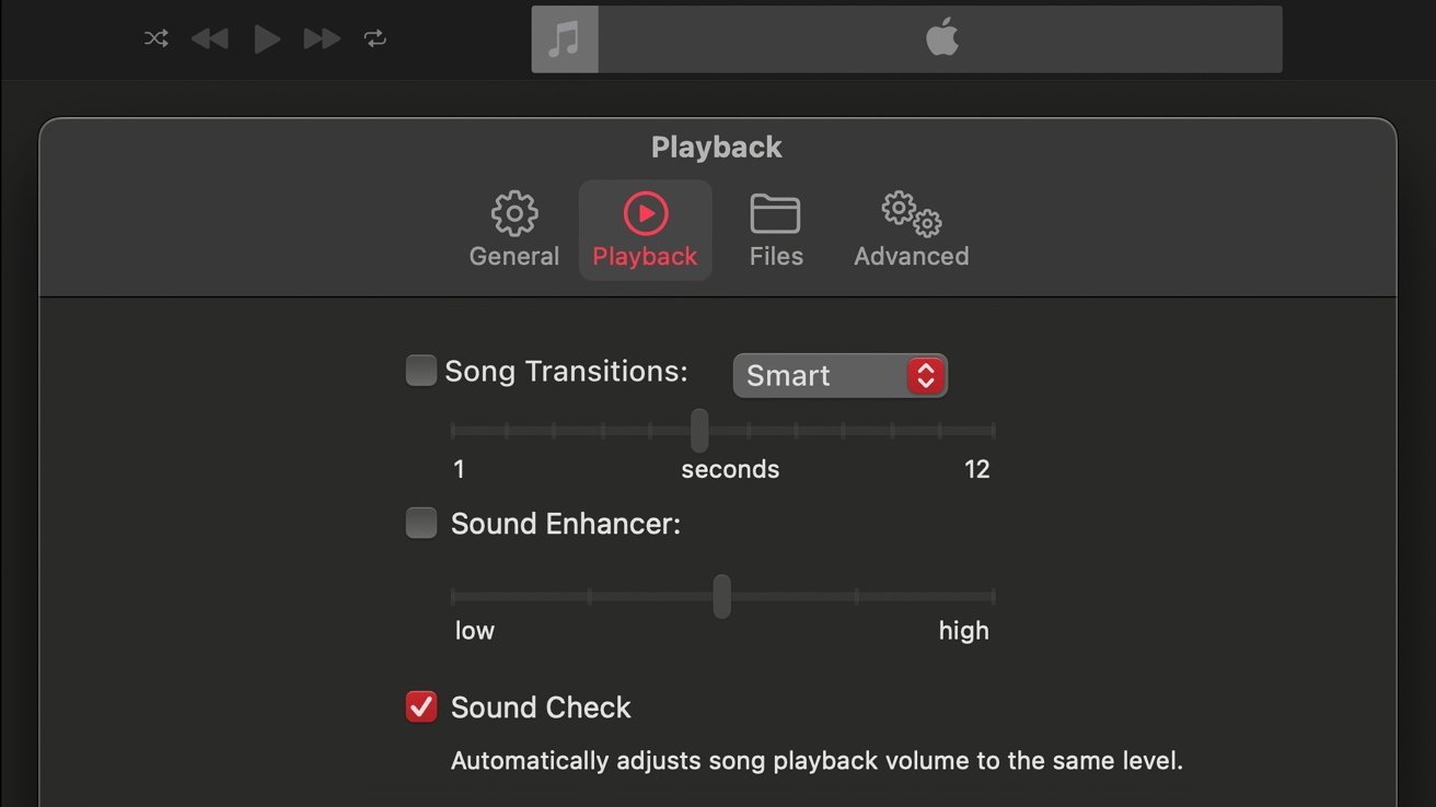 Playback settings screen with options for song transitions, sound enhancer, and sound check. Sound check is enabled, automatically adjusting playback volume.