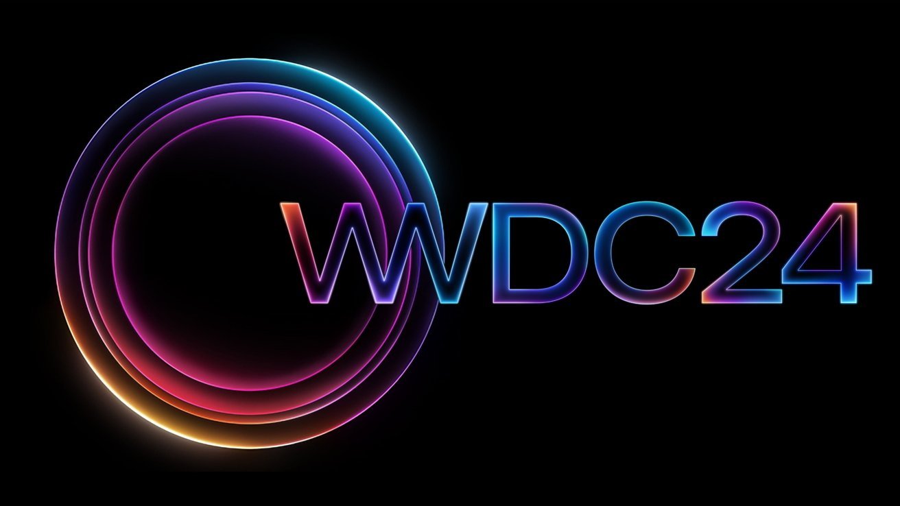 Colorful concentric circles and text reading WWDC24 on a black background.