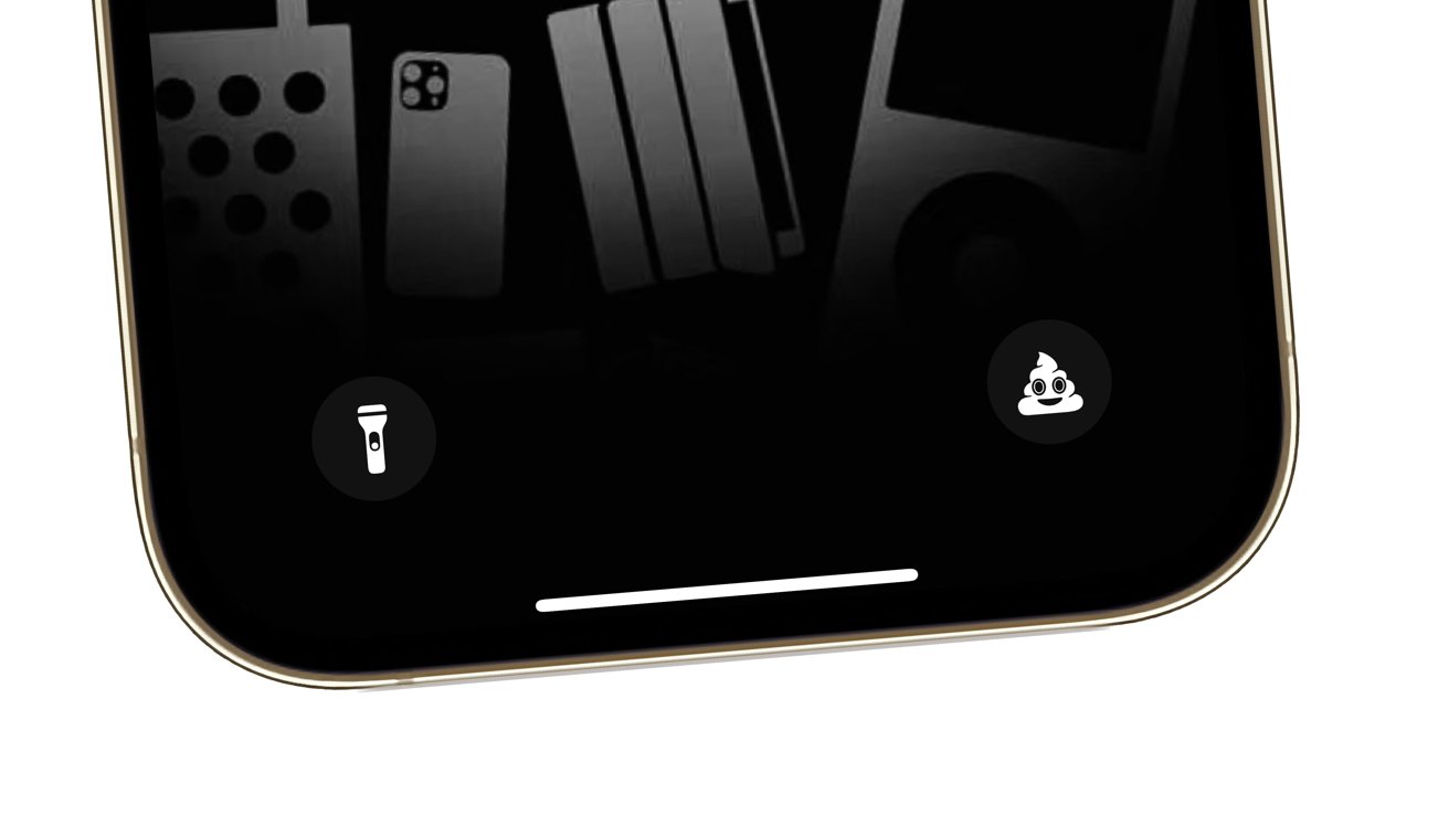 The bottom of a smartphone screen with flashlight and poop emoji icons, featuring a gold rim.