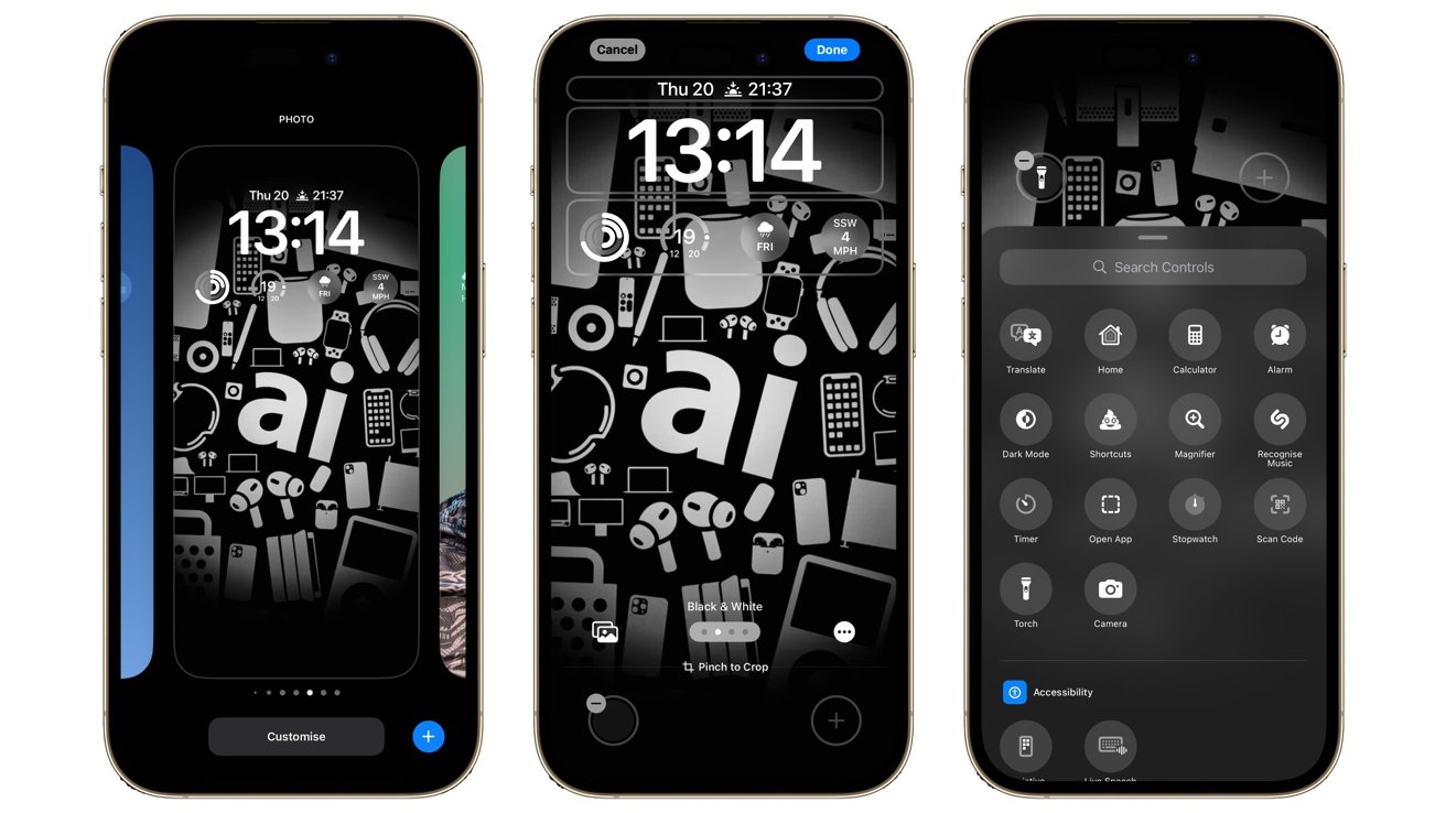 Three smartphones displaying various user interfaces and customization options, including a lock screen with a black and white tech-themed background and control center settings.