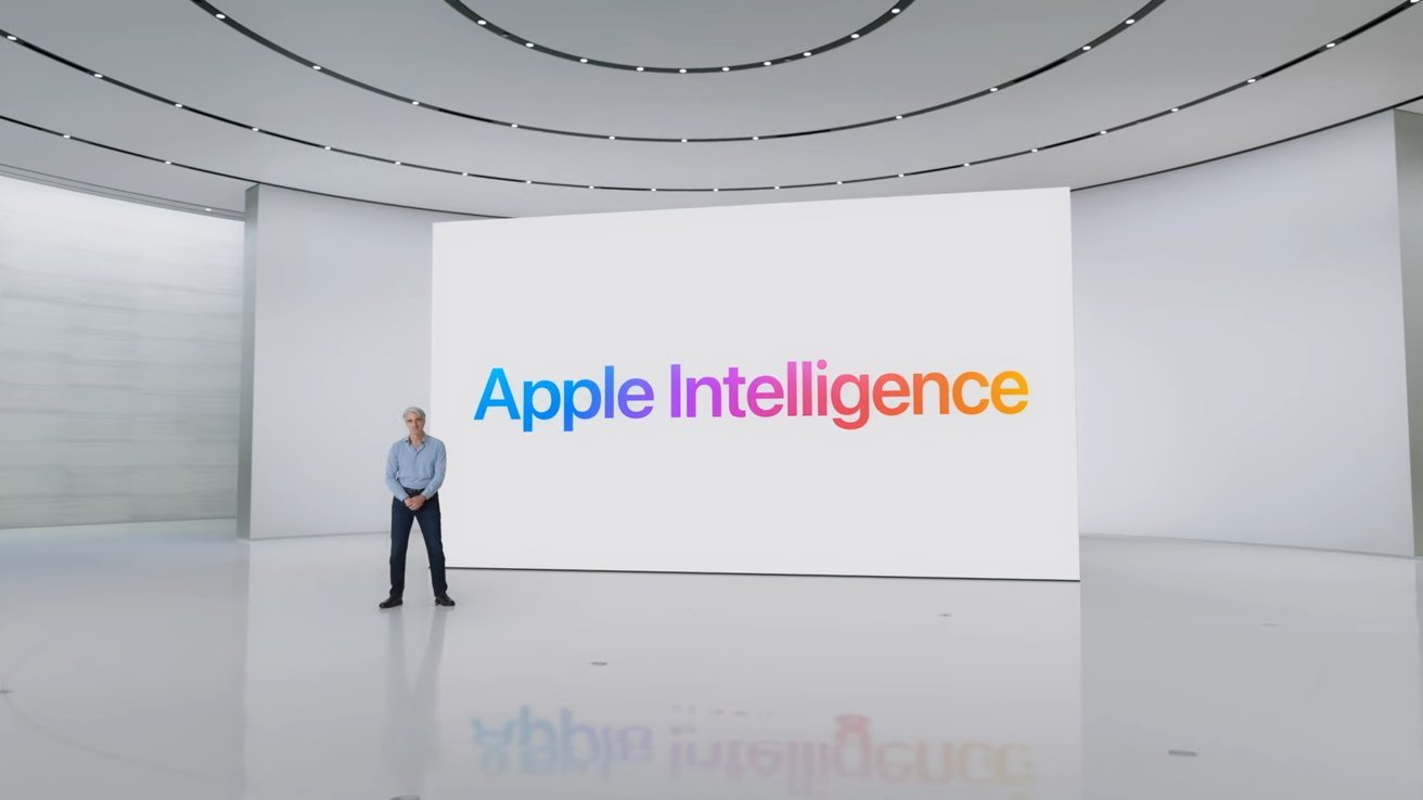 Man standing in a futuristic room with curved ceiling lights, large screen behind him displaying 'Apple Intelligence' in colorful letters.