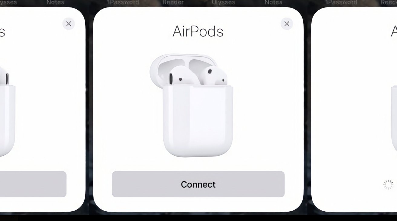 Open AirPods case with two earbuds inside, displaying a 'Connect' button below and the text 'AirPods' above.