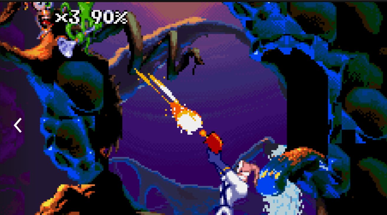 Animated character in white suit shooting a weapon emitting bright projectiles in a dark, cave-like environment with colorful, abstract designs. Game interface shows health and lives.
