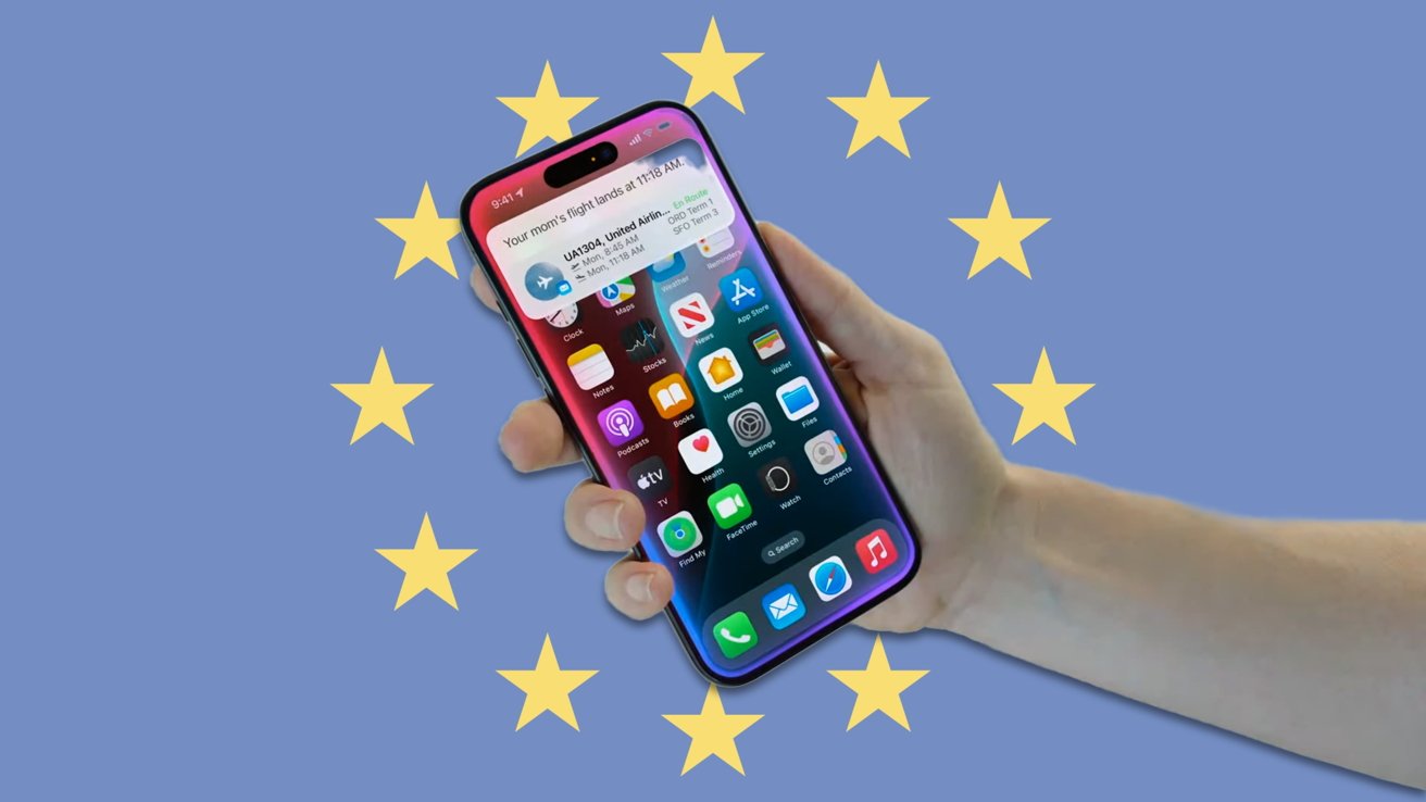 Hand holding a smartphone with visible app icons and notifications, against a background of yellow stars on a blue field similar to the European Union flag.