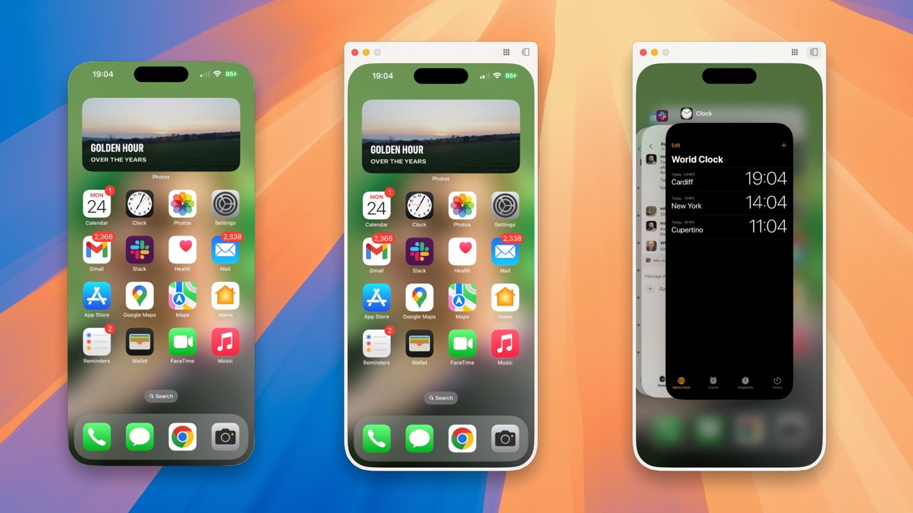 Three sleek smartphones displaying home screens and world clock app on a colorful gradient background.