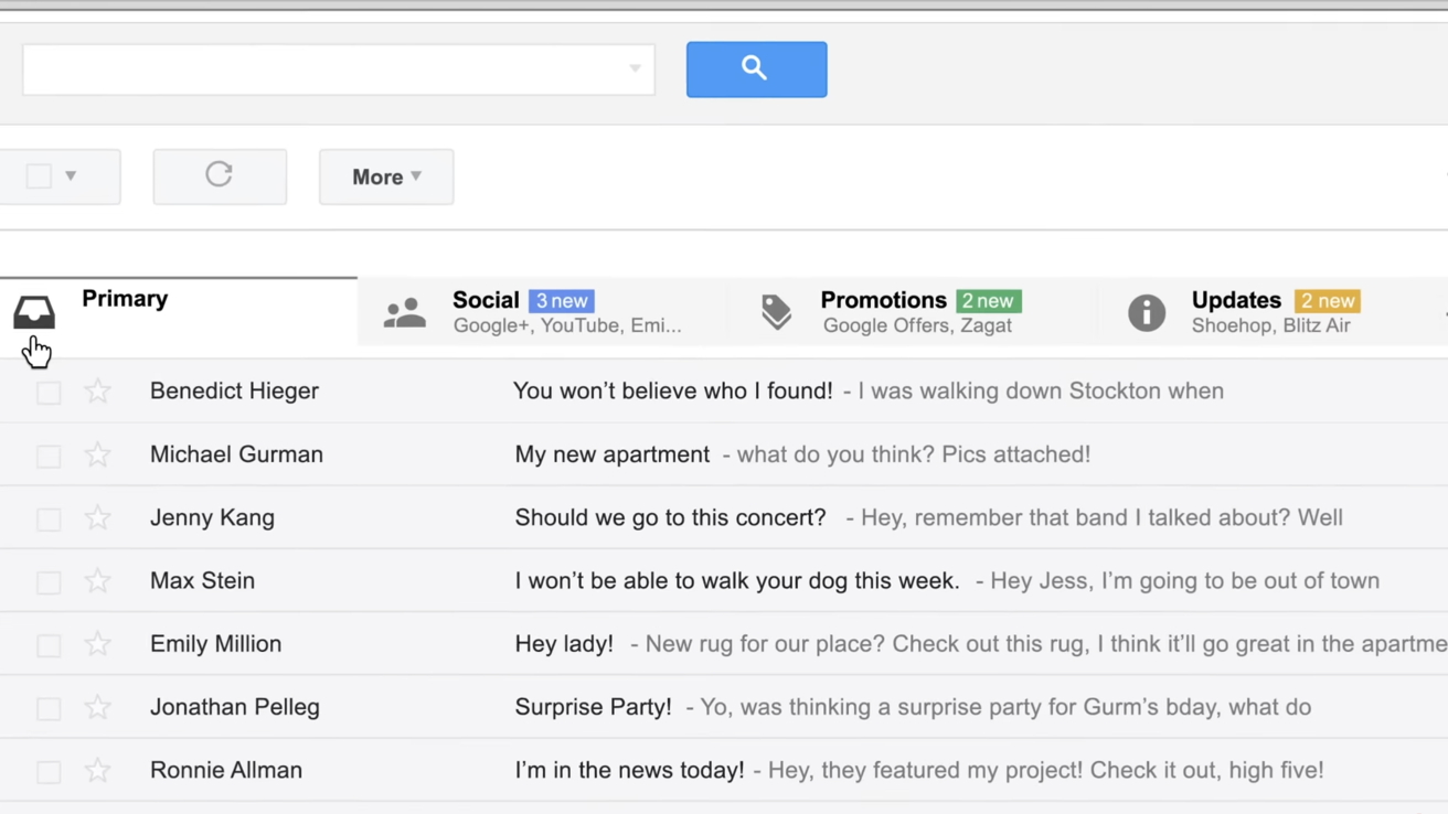 Gmail inbox showing tabs for Primary, Social, Promotions, and Updates with several unread messages from various contacts. Navigation and search bar visible at the top.