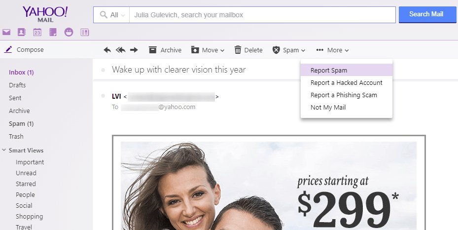 Screenshot of a Yahoo Mail inbox with an advertisement offering vision correction services starting at $299.