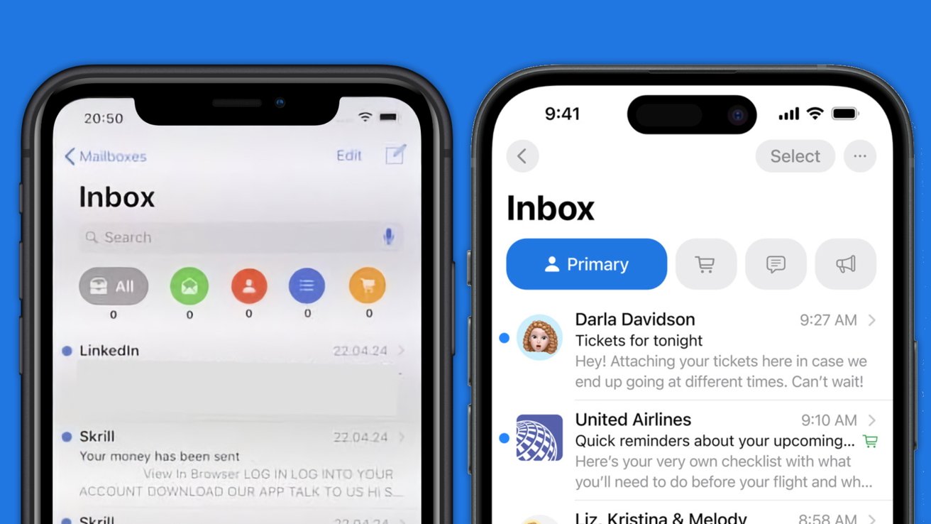 Screenshots of Apple's Mail app in iOS 13 and iOS 18 with mail sorting categories