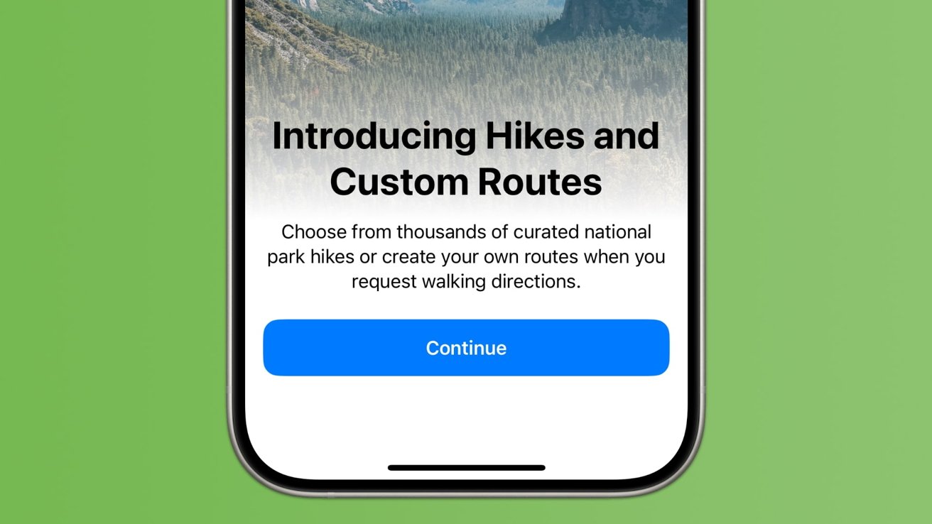 iPhone screen with text introducing hikes and custom routes, offering curated national park hikes. 'Continue' button at the bottom.