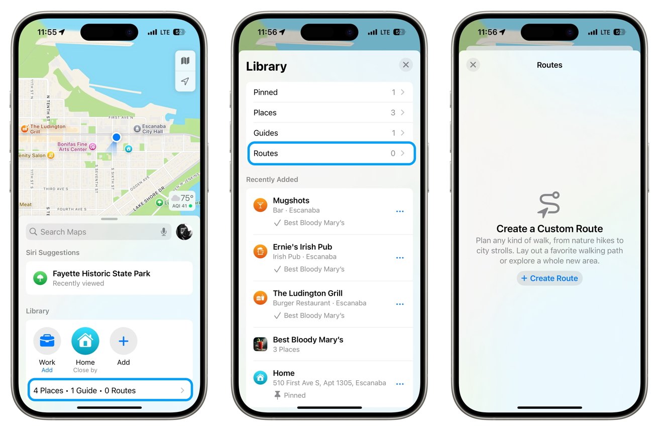 Three iPhone screens showing a map, a library with places and guides, and an option to create a custom route for walking or exploring.