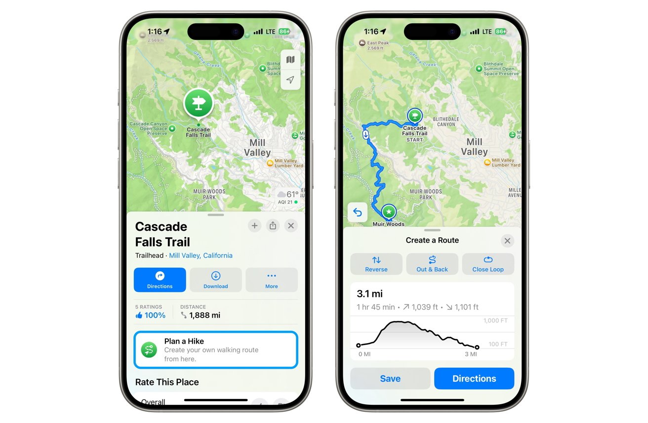 Two iPhones display maps of Cascade Falls Trail in Mill Valley, with route options and trail details on screen.