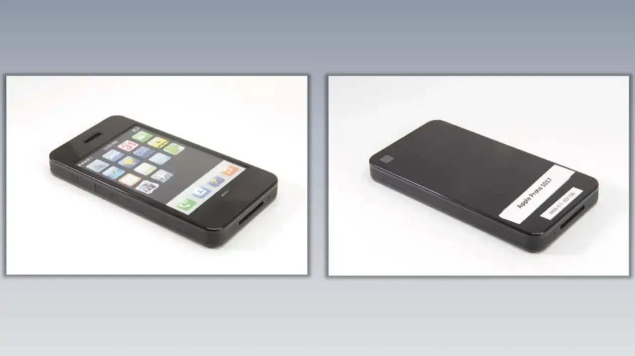 Two views of a black smartphone prototype, with a touchscreen in the left view and the back side labeled Apple Proto 1012 in the right view.
