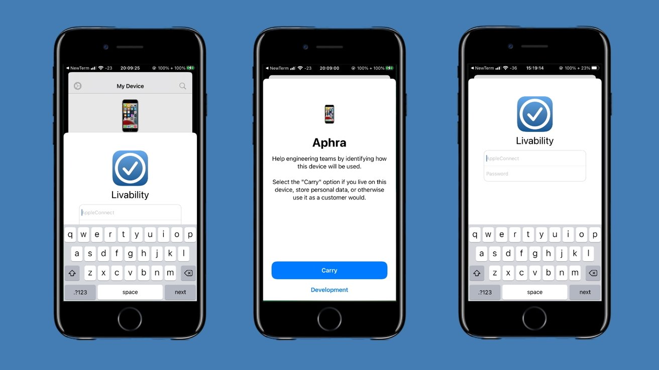 Three smartphones displaying an app with blue checkmark icon, login screen, 'Aphra' text, and options to select device usage.