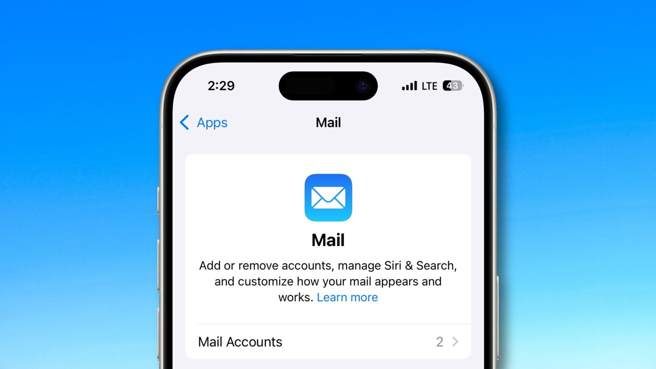 iPhone screen showing the Mail app settings. Heading: Mail. Options to manage accounts, Siri & Search, and customization. Background is blue sky gradient.