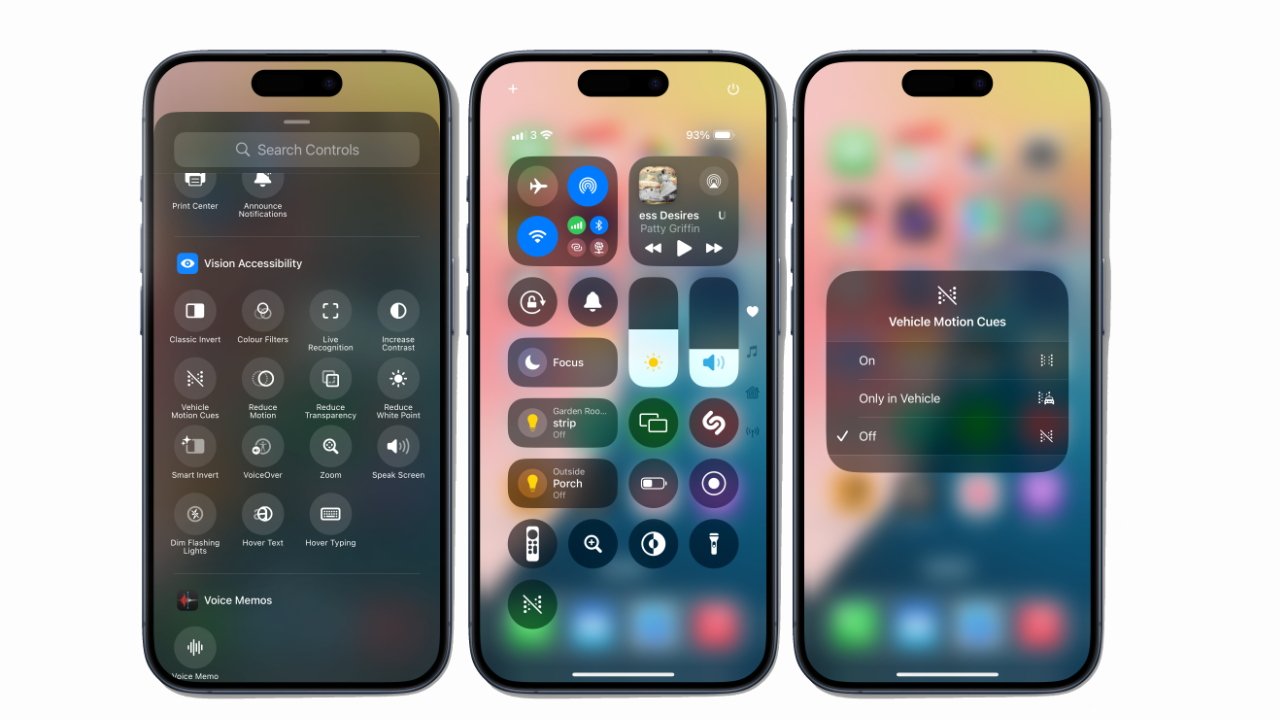 Three smartphones showing accessibility settings, control center with various toggles, and a menu for vehicle motion cues with options: On, Only in Vehicle, and Off.
