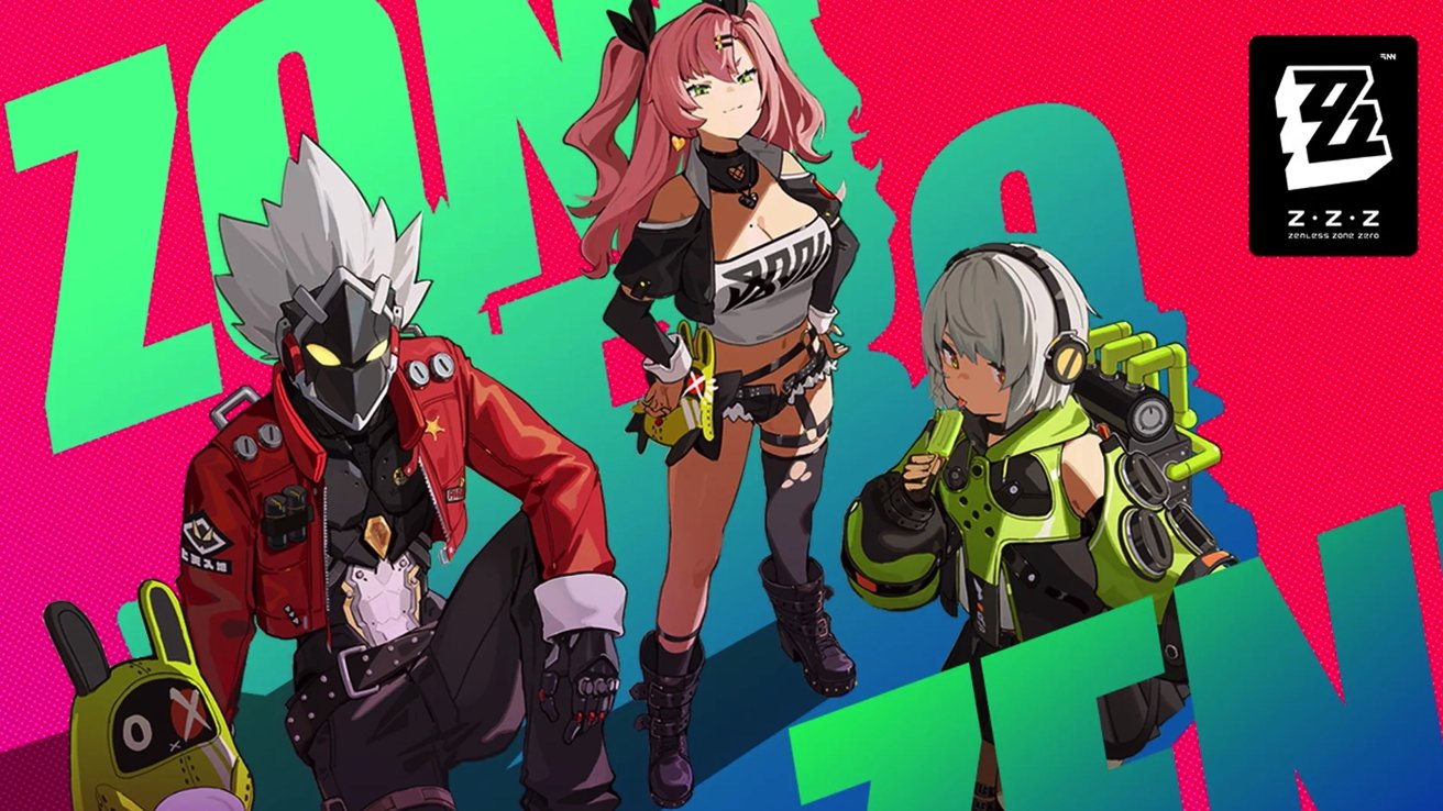 Three colorful anime-style characters in futuristic outfits with weapons and gear; the background has large text in neon colors.